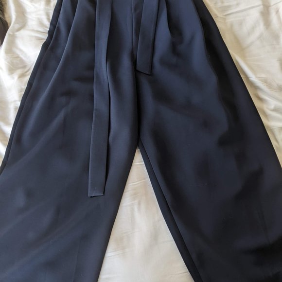 COS Womens Paper Bag Waist Tie High Waist Belted Wide Leg Navy Blue Wool Pants - Picture 3 of 5